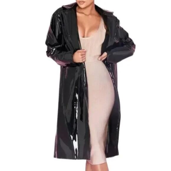 House of CB Womens Maniri Black Patent Vinyl Trench Coat Jacket Size Small S - Picture 2 of 12